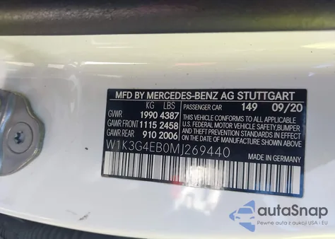 2021 Mercedes-Benz A 220 z USA, uszkodzony, nr VIN W1K3G4EB0MJ269440